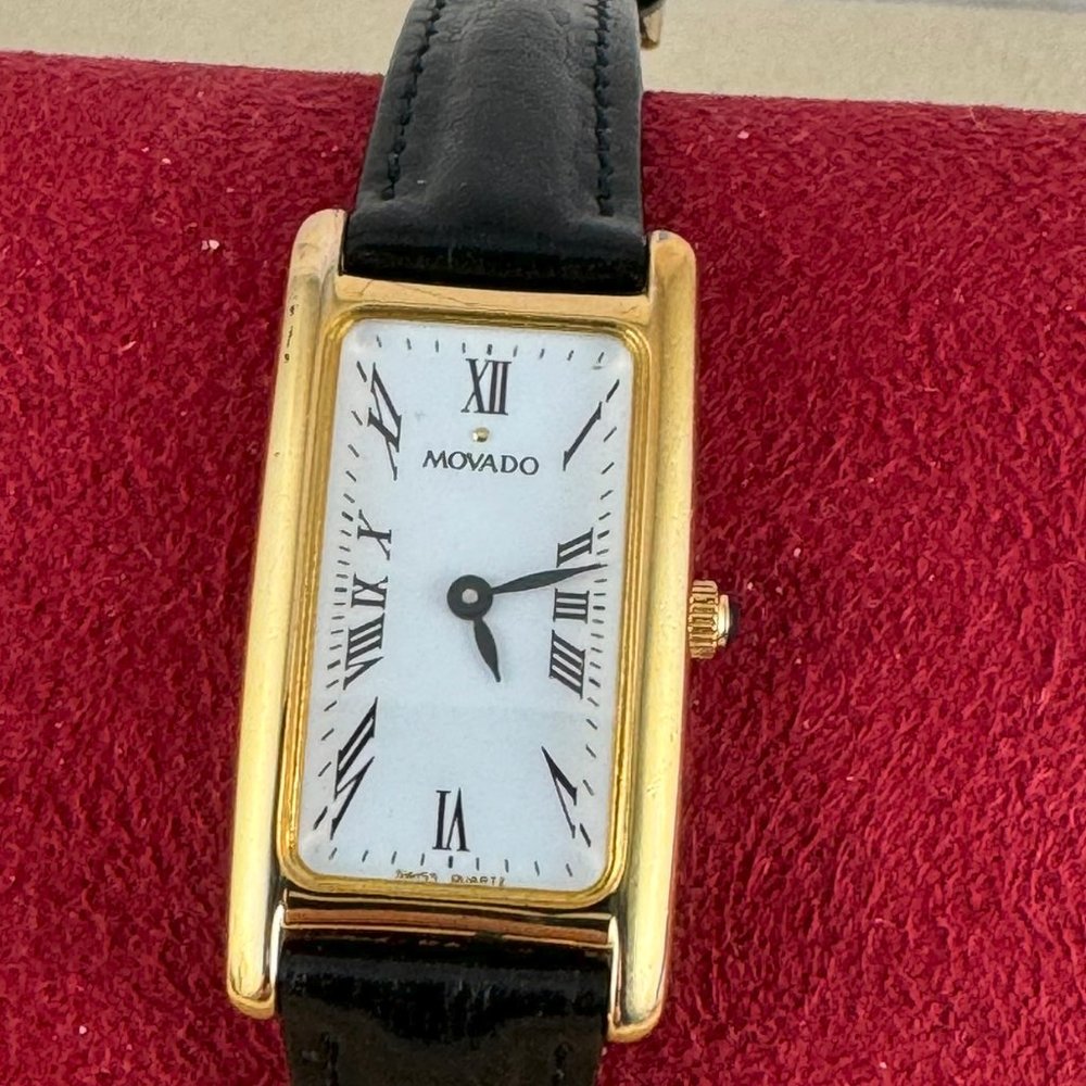Vintage and Very Rare Movado Ladies Gold Dot Tank White Dial/Face Roman Numerals